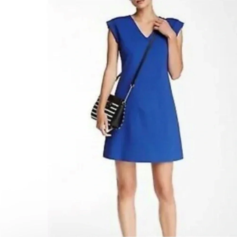 Kate Spade blue ponte knit a-line cap sleeve exposed back zipper mini dress